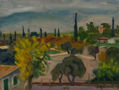 Kifisia Landscape near Grammes — Oil painting, Fiberboard, 32.00×42.00cm — Theodoros Markellos